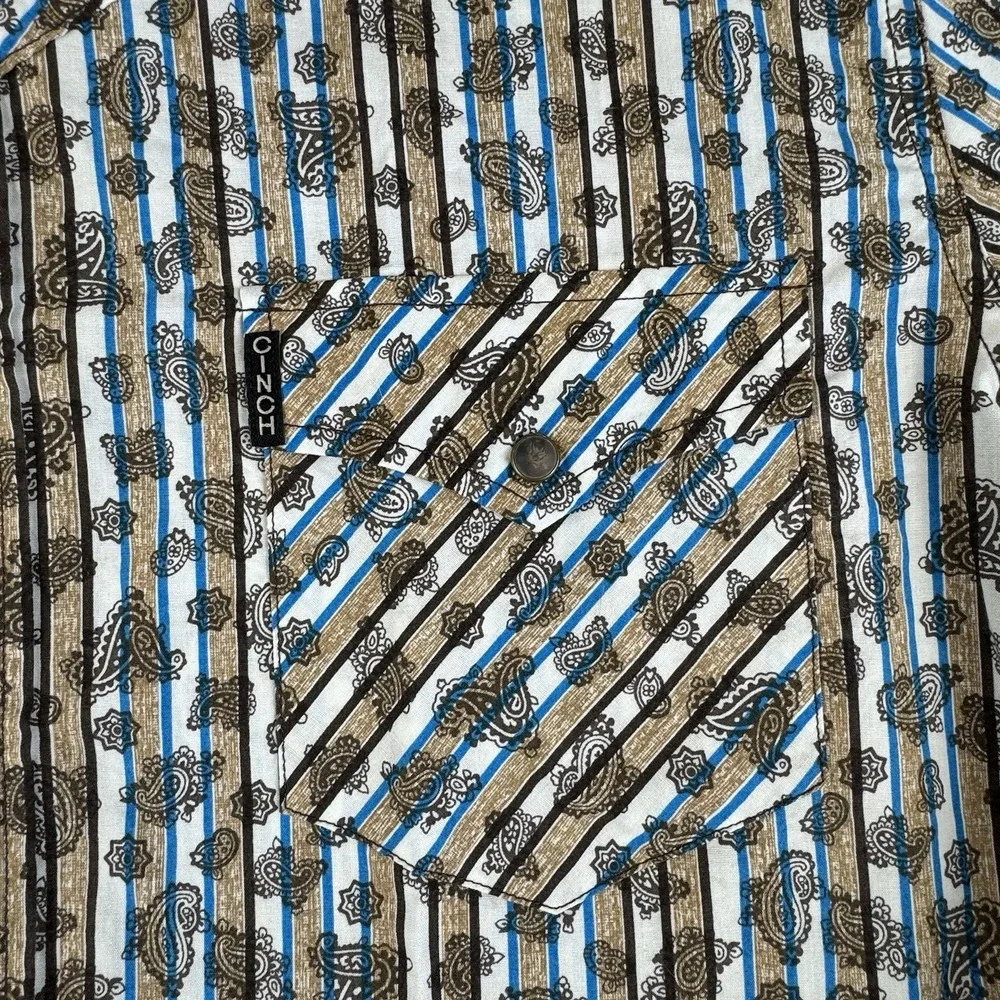 Cinch Modern Fit Snap Button Shirt‎ Men's XL Brown Blue Paisley Striped (1259)